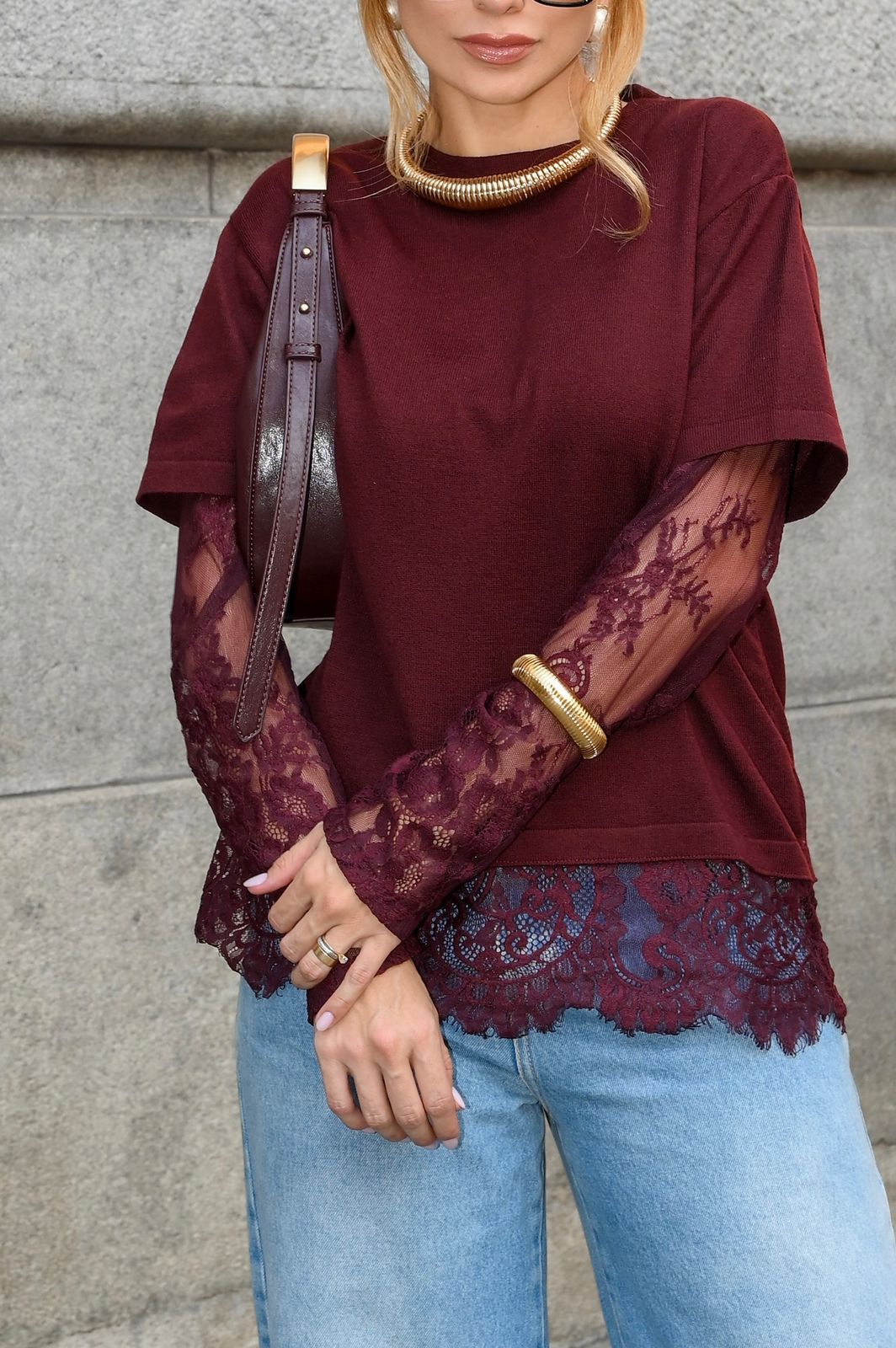 T-shirt Modal com renda chantilly — Bordo — Leev Store atacado Brás