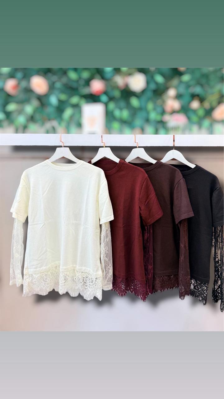 T-shirt Modal com renda chantilly — Bordo — foto 3